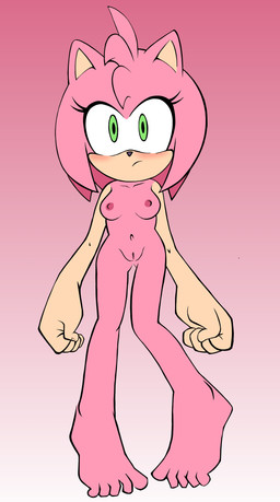 anthro blush breasts feet female genitals gradient_background hair looking_at_viewer nipples nude pink_body short_hair simple_background solo standing vulva randomguy999 sega sonic_the_hedgehog_(series) amy_rose eulipotyphlan hedgehog mammal absurd_res hi_res