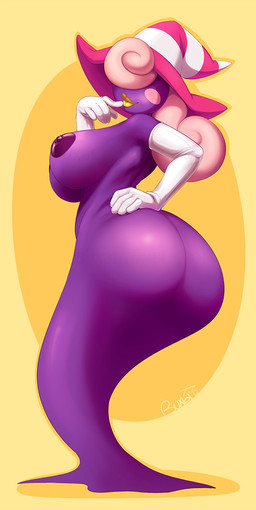 armwear big_breasts big_butt blush breasts butt clothing elbow_gloves female ghost_tail gloves hair hand_on_hip handwear hat headgear headwear legless looking_at_viewer nipples not_furry pink_hair pose purple_body purple_skin simple_background smile solo white_clothing white_gloves white_handwear wide_hips witch_hat yellow_background buxbi mario_bros nintendo paper_mario vivian_(mario) ghost humanoid shadow_siren spirit 2015 digital_media_(artwork) pinup