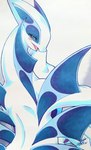 anthro blue_body blue_eyes blue_skin blush blush_lines breasts eyelashes female looking_at_viewer looking_back narrowed_eyes open_mouth simple_background solo tongue white_body white_skin 025aki nintendo pokemon generation_2_pokemon legendary_pokemon lugia pokemon_(species) 2024 absurd_res dated hi_res signature