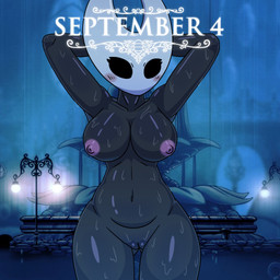 2_horns anthro big_breasts black_body black_eyes blush breasts female genitals hands_behind_head horn humanoidized looking_at_viewer navel nipples non-mammal_breasts non-mammal_navel non-mammal_nipples non-mammal_vulva nude nude_female purple_nipples raining solo text vulva water wet bruhmynameisdylan nsfwinthedark hollow_knight:_silksong hollow_knight_(franchise) team_cherry hornet_(hollow_knight) arthropod humanoid insect vessel_(species) 1:1 2025 digital_media_(artwork) english_text hi_res