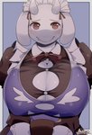 anthro big_breasts blush bodily_fluids breasts cleavage clothed clothing female female_anthro floppy_ears fur horn huge_breasts kemono looking_at_viewer maid_uniform mature_anthro mature_female nipple_outline solo sweat uniform white_body white_fur arumo undertale undertale_(series) toriel bovid caprine mammal 2020 hi_res signature