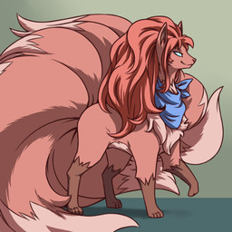 9_tails ambiguous_feral ambiguous_gender clothed clothed_feral clothing dipstick_tail feral fur gloves_(marking) green_background green_eyes kerchief leg_markings markings mostly_nude multi_tail multicolored_tail one_leg_up raised_leg simple_background smile socks_(marking) solo tail tail_markings plagueofgripes nintendo pokemon sexually_aggressive_animal canid canine generation_1_pokemon mammal ninetales pokemon_(species) 1:1 2019 hi_res female_(lore)