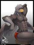 abs anthro beak biceps biped black_body black_fur butt claws clothed clothing feathers forearms fur grey_body grey_fur hand_behind_head looking_at_viewer male muscular muscular_anthro muscular_male navel pecs purple_eyes scaled_forearms scales simple_background sitting solo topless underwear white_background wings alphamoonlight mythology accipitrid accipitriform avian bird gryphon mythological_avian mythological_creature 2017 3:4 hi_res