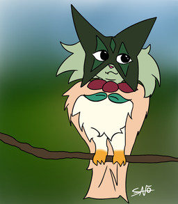 abstract_background ambiguous_gender branch cursed_image feathers feral perching smile solo what savo nintendo pokemon meowl generation_7_pokemon generation_9_pokemon hybrid meowscarada pokemon_(species) rowlet hi_res meme signature
