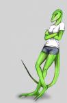 anthro bottomwear breasts clothed clothing female non-mammal_breasts shorts snout solo allfluffyears yiffpunk cleo anole carolina_anole lizard reptile scalie absurd_res hi_res