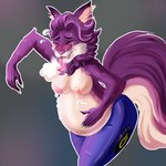 anthro arm_tuft belly big_belly blush bodily_fluids breasts breath claws elbow_tuft eyes_closed female fluffy fluffy_tail fur grey_claws hand_on_belly holding_belly inner_ear_fluff lactating machine metal milk neck_tuft nipples pink_ears pink_nipples pregnant pregnant_anthro pregnant_female purple_body purple_fur solo tail tan_body tan_fur tongue tongue_out tuft tetgod vapor_holloway domestic_cat felid feline felis mammal protogen 1:1 hi_res