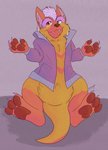 anthro bottomless brown_body brown_fur clothed clothing fur gesture grin hair happy jacket male pawpads paws pink_hair red_body red_eyes red_fur shrug smile solo teeth topwear ottmaw daniel_ottmaw hybrid hyena mammal mustelid otter digital_media_(artwork) hi_res