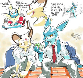 accessory anthro backpack beverage_can bottle clothed clothing collared_shirt container dialogue dress_shirt duo fully_clothed gloves_(marking) group holding_bottle holding_container holding_object looking_at_another male markings necktie shirt sitting smile text topwear trio tying_shoes whiskers dahecksajerry nintendo pokemon cash_(dahecksajerry) james_(dahecksajerry) jet_(dahecksajerry) eeveelution generation_1_pokemon generation_4_pokemon glaceon persian_(pokemon) pokemon_(species) vaporeon english_text multiple_images