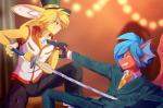 anthro blonde_hair blue_hair blurred_background clothed clothing detailed_background duo fur gun hair holding_object holding_weapon imminent_death male melee_weapon pink_nose ranged_weapon sword teeth weapon yellow_body yellow_fur rikitoka mythology dragon lagomorph leporid mammal mythological_creature mythological_scalie rabbit scalie