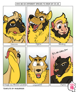 alternate_species group looking_at_viewer shocked text thekinkybear beastars karou_(thekbear) legoshi_(beastars) canid canine canis cougar felid feline haplorhine hyena lizard mammal monitor_lizard monkey primate procyonid raccoon reptile scalie wolf bust_portrait english_text hi_res portrait