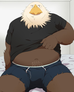 anthro bed belly brown_body bulge clothed clothing furniture humanoid_hands kemono male navel open_clothing open_shirt open_topwear overweight overweight_anthro overweight_male shirt sitting solo topwear underwear chizu avian 2015 hi_res