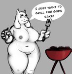 anthro areola barbecue barbecue_grill beverage big_breasts black_eyes breasts burger casual_nudity exclamation_point female floppy_ears food genitals grey_areola grey_nipples grill holding_beverage holding_object holding_spatula holding_tool horn huge_breasts huge_thighs nipples nude nudist pussy smile solo spatula speech_bubble text thick_thighs tools white_body wide_hipped_female wide_hips plantyfern i_just_wanna_grill undertale undertale_(series) toriel boss_monster_(undertale) bovid caprine goat mammal english_text hi_res