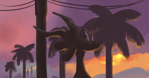 ambiguous_gender anthro cloud head_markings horn looking_at_viewer looking_back markings orange_sky outside palm_tree plant rear_view sky solo sun sunset tree utility_pole fuel_(artist) chico_(fuel) antelope bovid gazelle mammal 2020 hi_res