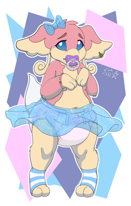 abstract_background accessory anthro bottomwear bow_ribbon clothing dancewear diaper embarrassed female footwear hair_accessory hair_bow hair_ribbon hairclip legwear looking_at_viewer medical_bracelet object_in_mouth pacifier pacifier_in_mouth pattern_clothing pattern_footwear pattern_legwear pattern_socks ribbons skirt socks standing striped_clothing striped_footwear striped_socks stripes translucent translucent_clothing tutu stargal_galexi nintendo pokemon audino generation_5_pokemon pokemon_(species) hi_res