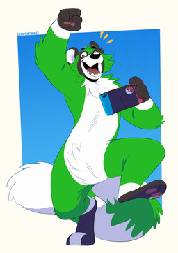 anthro black_nose blue_background electronics fur game_console green_body green_fur happy holding_object male raised_leg simple_background solo sticker teeth bennycartoonist nintendo nintendo_switch pokemon ronin_(sarcasticoon) mammal procyonid raccoon absurd_res hi_res