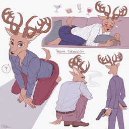 all_fours anthro beverage blush bottomwear clothing crouching drunk footwear furniture gun kneeling looking_at_viewer looking_away looking_back male pants pillow question_mark ranged_weapon shirt shoes smoking sofa solo substance_intoxication suit topwear weapon 10co beastars louis_(beastars) cervine deer mammal red_deer 1:1 hi_res
