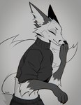 anthro biped cheek_tuft clothed clothing eyes_closed facial_tuft fully_clothed gloves_(marking) grey_background inner_ear_fluff markings midriff simple_background solo standing tuft falvie the_fox_(falvie) canid canine fox mammal 2024 absurd_res digital_drawing_(artwork) digital_media_(artwork) hi_res monochrome