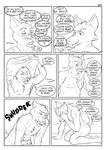 anthro armpit_tuft bodily_fluids chest_tuft clothing comic_panel dialogue duo genitals imminent_transformation male nude nude_anthro nude_male shirt shuddering snaggle_tooth speech_bubble stubble sweat sweatdrop sweating_profusely tank_top thought_bubble topwear tuft undressing undressing_self alphasabre canid canine domestic_cat felid feline felis fox mammal comic hi_res monochrome