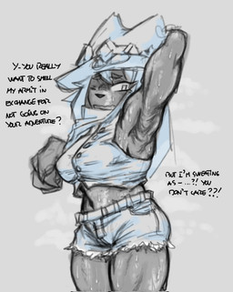 anthro armpit_fetish bodily_fluids bottomwear clothed clothing dialogue female looking_at_another nervous nervous_sweat shorts solo sweat sweatdrop sweaty_armpit sweaty_arms text any-low-be gameoverse glitch_productions kit_bodega felid feline mammal english_text hi_res monochrome sketch