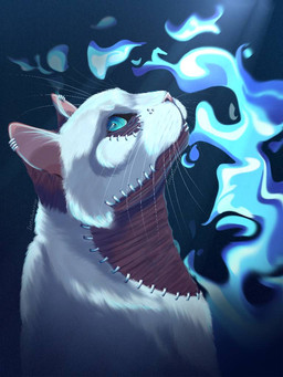 ambiguous_gender blue_eyes blue_fire burn_scar cheek_tuft colored_fire detailed_fur facial_tuft feral feralized fire fur long_whiskers looking_up piercing pink_nose realistic_feral scar short_fur solo stapled_body surgical_staple text tuft whiskers white_body white_fur white_whiskers icetailwarrior dabi_(mha) domestic_cat felid feline felis mammal 3:4 artist_name detailed shaded