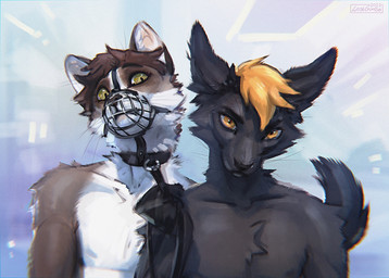 anthro anthro_on_anthro arm_tuft black_body black_collar black_ears black_fur black_leash black_nose black_tail brown_body brown_ears brown_fur brown_hair cheek_tuft chest_tuft collar dominant dominant_male duo facial_tuft fur glistening glistening_eyes green_eyes hair leash leash_pull male male/male muzzle_(object) muzzled orange_eyes orange_hair shoulder_tuft simple_background submissive submissive_male tail tuft whiskers white_body white_fur white_inner_ear wire_basket_muzzle lostgoose canid felid mammal 2022 dated signature