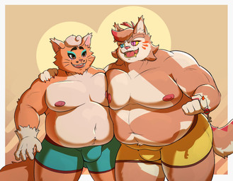 anthro areola big_butt biped bulge butt duo facial_hair facial_markings geometric geometric_background happy head_markings hug key makeup male male/male male_anthro markings moobs mustache nails navel nipples overweight overweight_anthro overweight_male peter_(peterart) simple_background smile teeth thick_thighs yellow_teeth meowzah gyatto domestic_cat felid feline felis mammal hi_res shaded