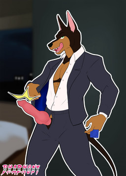 business_suit clothing condom genitals green_eyes knot knotted_penis licking licking_lips looking_at_viewer male penis presenting sexual_barrier_device solo suit tongue tongue_out undressing undressing_self dharmony sebastian_wolk canid canine canis dobermann domestic_dog mammal pinscher hi_res