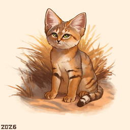 brown_stripes brown_tail_tip dipstick_tail feral fur grass green_eyes markings multicolored_body multicolored_fur orange_body orange_fur plant quadruped sitting solo striped_markings striped_tail stripes tail tail_markings tan_body tan_fur whisker_spots whiskers white_chest alexpahomov felid feline felis mammal sand_cat 1:1 2026 digital_media_(artwork) digital_painting_(artwork) painting_(artwork)
