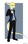 anthro belt blonde_hair blue_eyes boots bottomwear business_suit clothing footwear fur hair hand_in_pocket holding_necktie male multicolored_body multicolored_fur necktie pockets shoes solo standing suit tail tan_body tan_fur topwear two_tone_body two_tone_fur giru_(artist) mythology anonymous_character dragon furred_dragon furred_scalie mythological_creature mythological_scalie scalie absurd_res hi_res