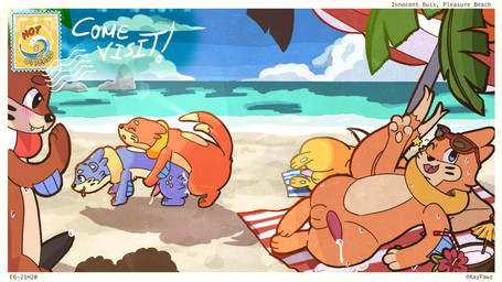 beach black_penis blush bodily_fluids cum doggystyle feral from_behind_position genital_fluids genitals group male male/male penis postcard sex sex_on_the_beach smile smirk sunbathing sweat text kaypawz nintendo pokemon kay_(kaypawz) buizel generation_4_pokemon pokemon_(species) 16:9 4k absurd_res english_text hi_res widescreen
