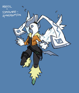 anthro belt bottomwear clothing fur fusion hair hair_over_eye jacket long_ears male pants solo topwear white_body white_fur odditymon bandai_namco digimon nintendo pokemon absol digimon_(species) generation_3_pokemon hybrid pokemon_(species) symbareangoramon hi_res