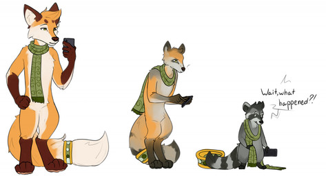 after_transformation anthro base_one_layout basic_sequence dialogue green_scarf linear_sequence male one_row_layout scarf solo species_transformation text three_frame_image three_frame_sequence transformation transformation_sequence kiri-anko canid canine fox mammal procyonid raccoon english_text sequence