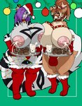 anthro antlers armwear bell big_breasts bodily_fluids breast_squish breasts brown_hair bulge christmas_clothing christmas_decorations christmas_headwear christmas_lights clothing cookie cookies_and_milk detailed_bulge duo elbow_gloves female flaccid fluffy fluffy_tail food genital_outline genitals gloves gynomorph hair handwear hat headgear headwear holding_object holidays horn huge_breasts intersex intersex/female knee_highs lactating legwear long_hair long_tail looking_at_viewer milk mostly_nude nipple_piercing nipples penis penis_outline piercing ponytail purple_hair santa_hat simple_background smile smiling_at_viewer squish standing stripes tail thigh_highs thong tongue tongue_out underwear white_body firepawdacat_(artist) christmas kitty_(firepawdacat) deer felid mammal pantherine tiger absurd_res archived_source hi_res