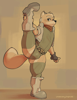 anthro belt blush boots bulge butt clothed clothing femboy fingerless_gloves flexible footwear fur gloves green_clothing green_eyes green_spandex grey_clothing grey_jacket grey_topwear handwear jacket kerchief legwear looking_at_viewer male one_leg_up raised_leg red_scarf scarf shoes silver_boots solo spandex splits spread_legs spreading standing stretching tail thigh_highs tight_clothing topwear vertical_splits unsavoryimpcat nintendo star_fox fox_mccloud canid canine fox mammal absurd_res hi_res