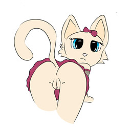 anthro blue_eyes bottomwear bow_ribbon clothing female genitals looking_at_viewer pose presenting presenting_vulva skirt solo tail vulva vlaxi111 domestic_cat felid feline felis mammal 1:1 hi_res