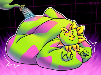 ambiguous_gender flower green_body green_skin growth morbidly_obese obese overweight pink_body pink_skin plant solo water watering_can pwefheft deltarune undertale_(series) floradinn 4:3 hi_res