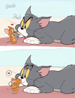 anthro doll duo eyes_closed feral half-closed_eyes heart_reaction heart_symbol interspecies kiss_on_lips kissing looking_at_another love lying male male/male narrowed_eyes on_front predator/prey puppet simple_background atori metro-goldwyn-mayer tom_and_jerry jerry_mouse thomas_cat domestic_cat felid feline felis house_mouse mammal mouse murid murine rodent tuxedo_cat hi_res