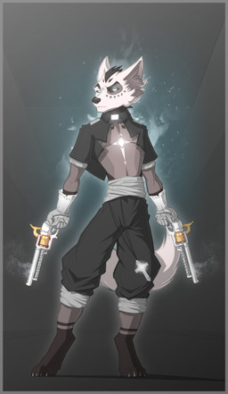 4_toes 5_fingers anthro aura barefoot biped black_nose black_sclera border bottomwear claws clothed clothing cross digitigrade dual_wielding feet fingers front_view fur gloves glowing glowing_eyes grey_body grey_fur gun handgun handwear holding_gun holding_object holding_ranged_weapon holding_weapon inner_ear_fluff leg_markings looking_at_viewer magic male markings pants pistol priest ranged_weapon reverend revolver robe sash simple_background smoke socks_(marking) solo standing toes tuft weapon white_body white_fur ketrol_art father_warren angel canid canine canis demon jackal mammal 2017 cel_shading digital_media_(artwork) shaded