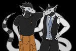 anthro beard beard_ponytail bottomwear braided_beard clothing duo facial_hair fancy_clothing kilt male mohawk necktie simple_background suit tail topwear transparent_background vest rebeldragon101 mythology francis_ramirez joe_ramirez dragon mythological_creature mythological_scalie scalie alpha_channel hi_res sibling_(lore) twins_(lore)