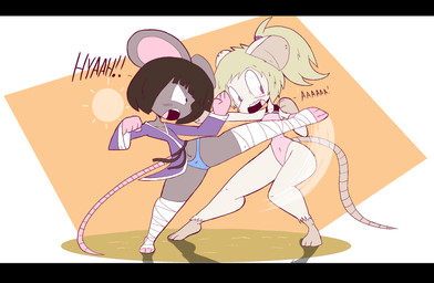 anthro bandage bandaged_leg barefoot black_bars black_eyes blonde_hair blush blush_lines breasts brown_hair clothed clothing duo feet female fight flat_chested fur grey_body grey_fur hair keikogi leotard martial_arts_uniform navel panties panty_shot ponytail purple_eyes simple_background small_breasts sportswear tail thick_thighs underwear white_body white_fur wide_hips usagibun1 final_fantasy square_enix ida_(usagibun1) pawkaf mammal moogle mouse murid murine rodent 2024 digital_media_(artwork) hi_res letterbox