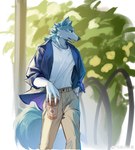 2024 absurd_res anthro bottomwear brand_new_animal canid canine canis clothing container cup dxmdwq764027 fur grey_body grey_fur hi_res holding_container holding_cup holding_object looking_away male mammal multicolored_body multicolored_fur pants shirou_ogami shirt solo studio_trigger tail topwear two_tone_body two_tone_fur wolf