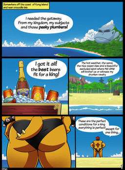 alcohol anthro armband barrel beach beer beverage beverage_can bikini black_bikini black_clothing black_swimwear bracelet butt butt_focus champagne champagne_bottle chest_(container) clothing dialogue ice ice_cube island jewelry male mountain palm_tree plant sea sky solo spiked_armband spiked_bracelet spikes standing swimwear text tree two-piece_swimsuit underwear water yellow_body elfein donkey_kong_(series) mario_bros nintendo bowser dragon_koopa koopa reptile scalie turtle 2025 comic crossover digital_drawing_(artwork) digital_media_(artwork) english_text hi_res