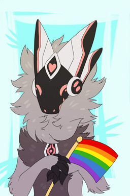 anthro claws cybernetics flag flag_(object) fur hair heart_symbol holding_flag holding_object lgbt_pride looking_at_viewer machine male pride_color_flag pride_colors rainbow_flag rainbow_pride_colors rainbow_pride_flag rainbow_symbol screen screen_face six-stripe_rainbow_pride_colors solo uwu unknown_artist stiltpup primagen robot