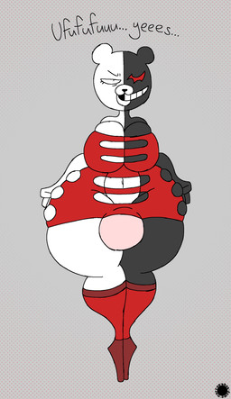 anthro big_breasts black_body black_fur boots breasts bulge clothed clothing crossdressing curvy_figure dialogue dress eyelashes facial_markings femboy footwear fur grin gynomorph halftone_background head_markings hourglass_figure intersex knee_boots knee_highs legwear logo markings multicolored_body multicolored_fur muzzle_(marking) navel pattern_background shoes simple_background smile solo spherical_breasts text thick_thighs thong two_tone_body two_tone_fur underwear white_body white_fur wide_hips thatdawgmurray danganronpa spike_chunsoft monokuma bear mammal absurd_res aliasing artist_logo artist_name digital_media_(artwork) english_text halftone hi_res signature
