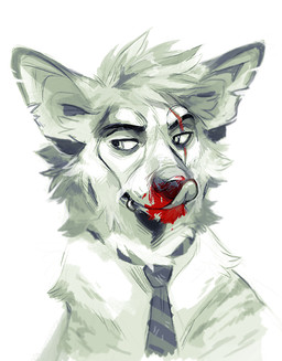 blood bodily_fluids clothed clothing facial_piercing fur hair lip_piercing piercing simple_background solo white_background jeniak canid canine mammal 2015 digital_media_(artwork)