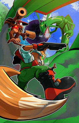 anthro black_clothing black_footwear black_gloves black_handwear bottomless bottomwear brown_body brown_fur butt clothed clothing fingerless_gloves fingers footwear fully_clothed fur gloves green_bottomwear green_clothing green_pants gun handwear holding_gun holding_object holding_ranged_weapon holding_weapon jet_pack orange_tail pants pink_tongue ranged_weapon red_clothing red_footwear red_handwear tail teeth tongue weapon tighesammy donkey_kong_(series) nintendo pokemon star_fox diddy_kong fox_mccloud canid canine fox generation_3_pokemon kong legendary_pokemon mammal pokemon_(species) primate rayquaza scalie 2025 absurd_res hi_res