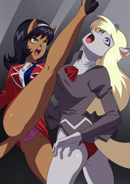 alternate_costume angry anime_style anthro anthrofied biped black_hair blonde_hair bottomwear brown_body brown_fur clothed clothed_anthro clothing delmogeny_uniform eyebrow_through_hair eyebrows female female/female female_anthro fully_clothed fully_clothed_anthro fur hair iris kick long_hair open_mouth panties pink_clothing pink_panties pink_underwear pupils redesign ryona simple_background skirt snout translucent translucent_hair underwear kato777 agent_aika animaniacs nickelodeon t.u.f.f._puppy warner_brothers kitty_katswell minerva_mink domestic_cat felid feline felis mammal mink mustelid musteline true_musteline absurd_res crossover hi_res