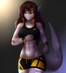 5_fingers abs anthro athletic athletic_anthro athletic_female big_breasts black_sclera bodily_fluids bottomwear bra breasts clothed clothing female fingers looking_at_viewer midriff non-mammal_breasts pupils shorts slit_pupils small_waist smile solo sports_bra standing sweat underwear yellow_eyes xaenyth haj_elsker fish marine shark 2019 digital_media_(artwork) hi_res