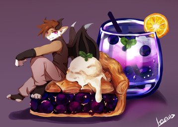 anthro beverage black_clothing black_horn black_shirt black_tank_top black_topwear black_wings blueberry_pie bottomwear brown_body brown_fur brown_hair cheek_tuft claws clothed clothing dessert drinking_straw facial_scar facial_tuft fingerless_gloves fingers food fruit fur gloves hair handwear horn lemon_slice looking_at_viewer male mouth_closed multicolored_body multicolored_fur pants pastry pie pink_eyes plant pointy_ears scar shirt simple_background sitting sitting_on_food solo tank_top topwear tuft two_tone_body two_tone_fur wings leoneal's_workshop mythology airren_(leoneal) dragon mythological_creature mythological_scalie scalie 2021 colored digital_drawing_(artwork) digital_media_(artwork) shaded signature
