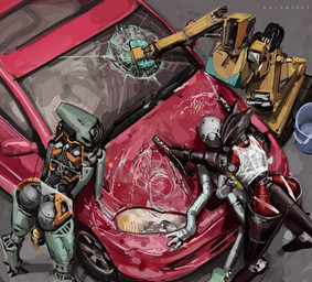 1_eye black_body bra bucket butt car clothed clothing container eyeless faceless_character female green_body group machine not_furry on_top pose skimpy skimpy_bikini sponge underwear vehicle white_body wire yellow_body zarzaliel humanoid robot robot_humanoid absurd_res hi_res